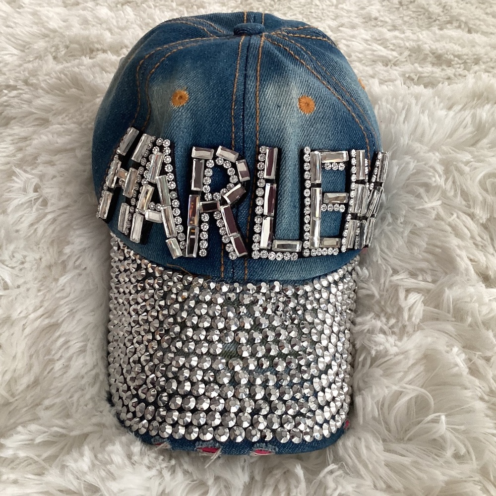 Jin Ping Denim Sequins Harlem Vintage Design Cap, Color Blue, Yellow NWT